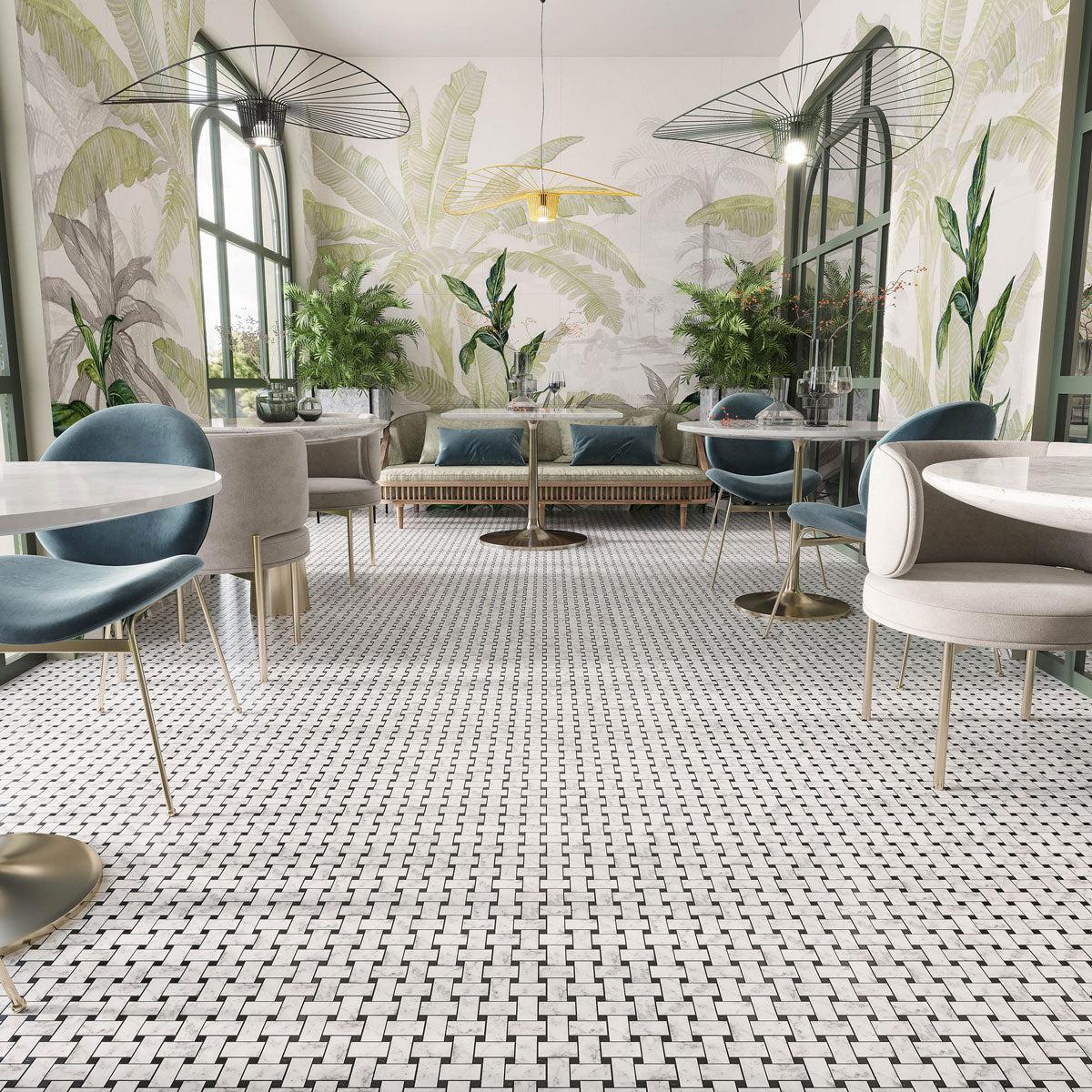 Carrara Basket Weave Tile with Black Dots | Tile Club