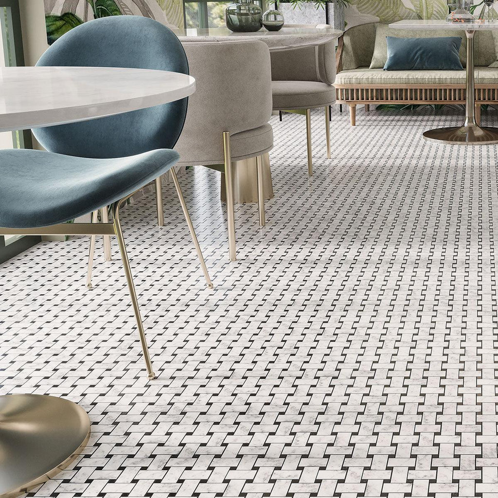 Carrara Basket Weave Tile with Black Dots | Tile Club