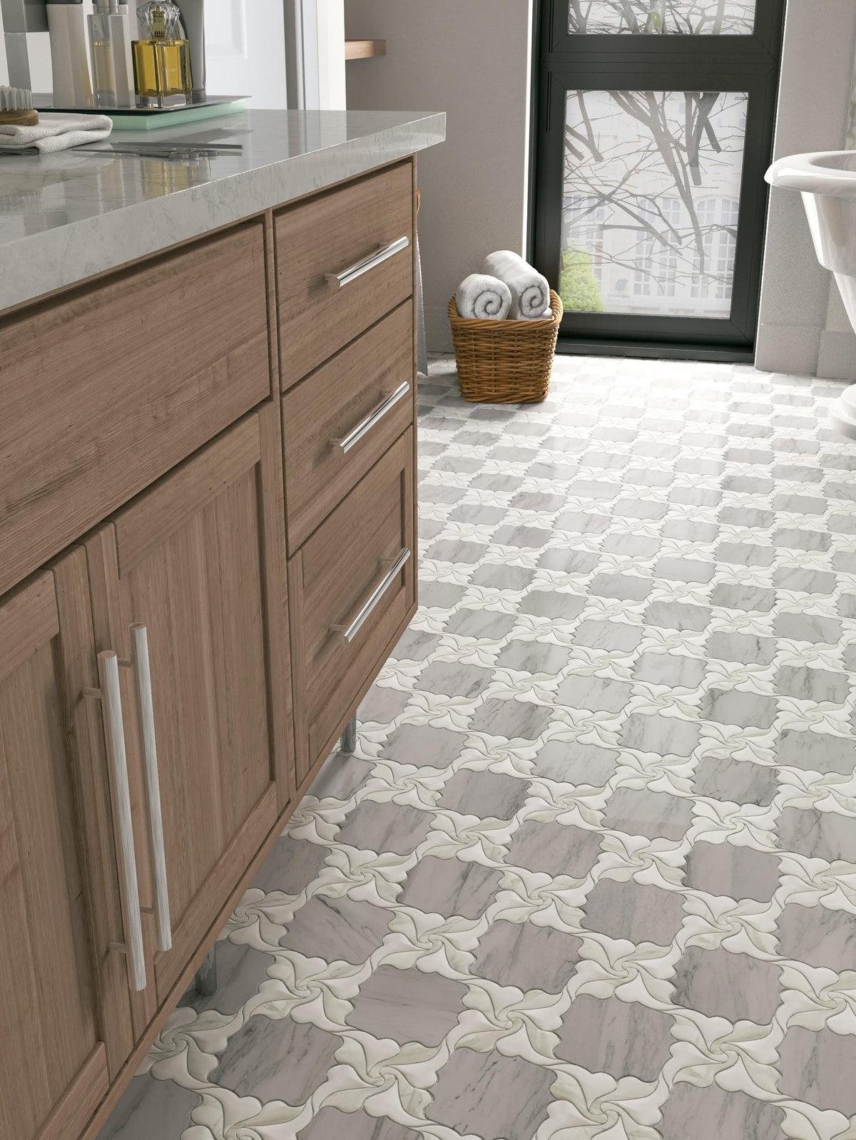 Beautiful Bathroom Floor Design with a Subtle Flower Pattern in Lily Calacatta Gold & Carrara Mosaic Tile