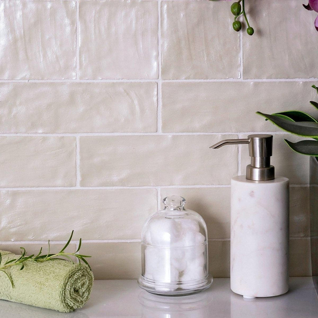 Mallorca Green Tile in 2.5" x 8" Subway Design for a Serene and Organic Bathroom Wall