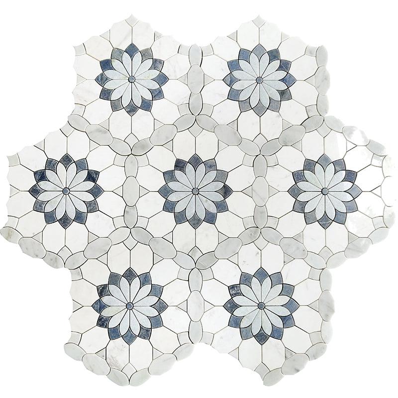 Santorini Blue & White Floral Marble Mosaic Tile | Tile Club