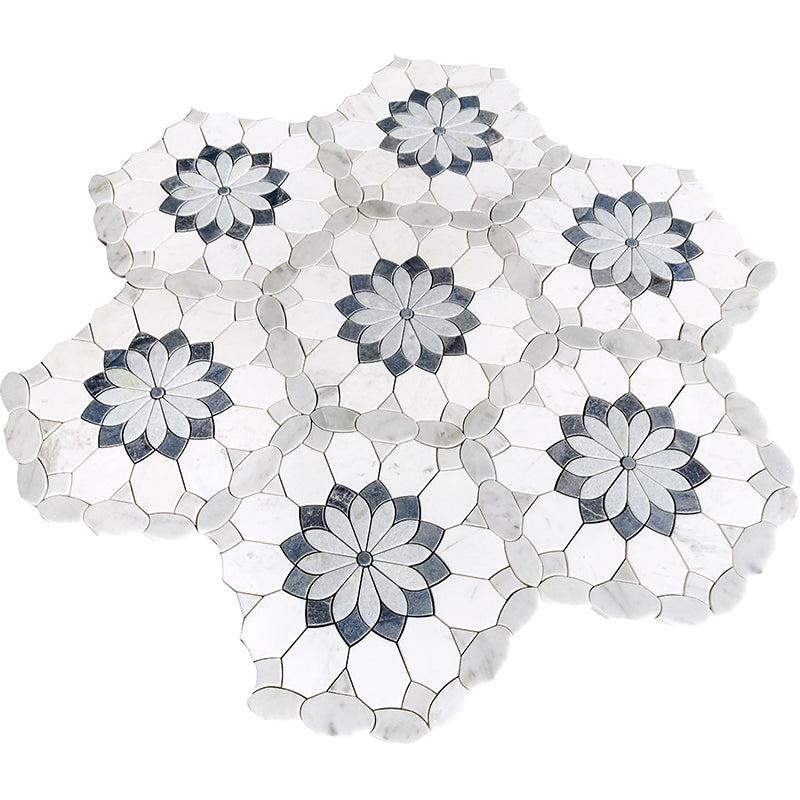 Santorini Blue & White Floral Marble Mosaic Tile | Tile Club