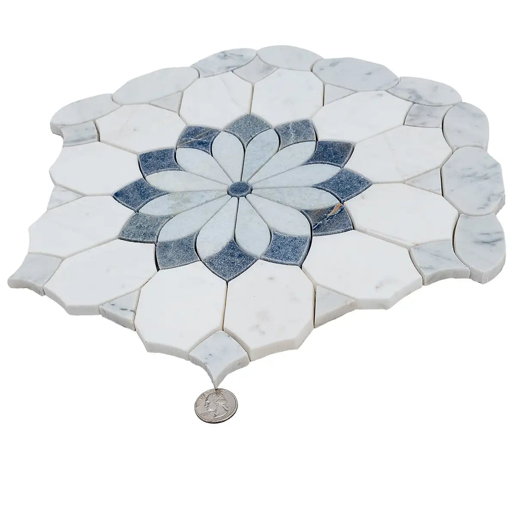 Santorini Blue & White Floral Marble Mosaic Tile | Tile Club