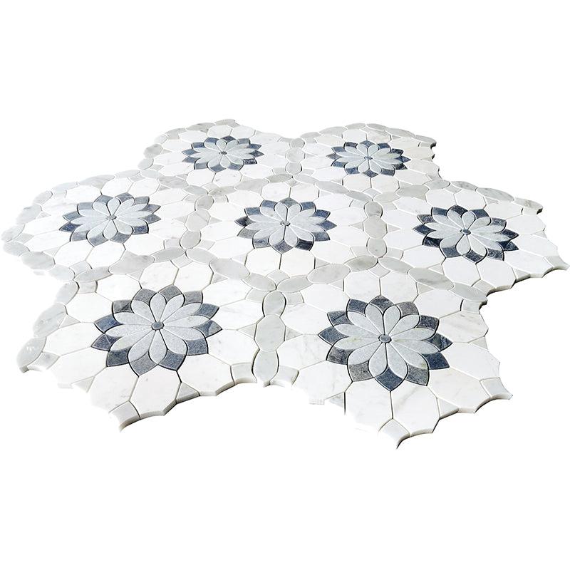 Santorini Blue & White Floral Marble Mosaic Tile | Tile Club