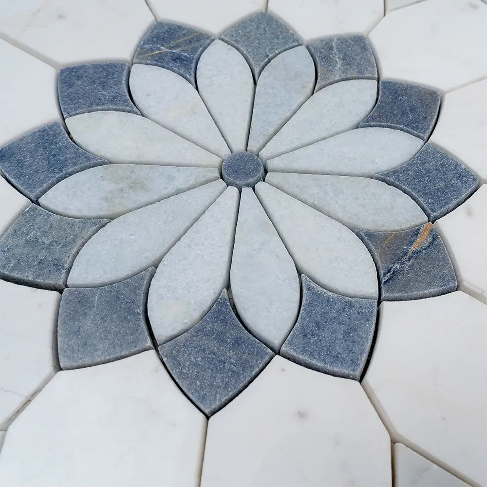 Santorini Blue & White Floral Marble Mosaic Tile