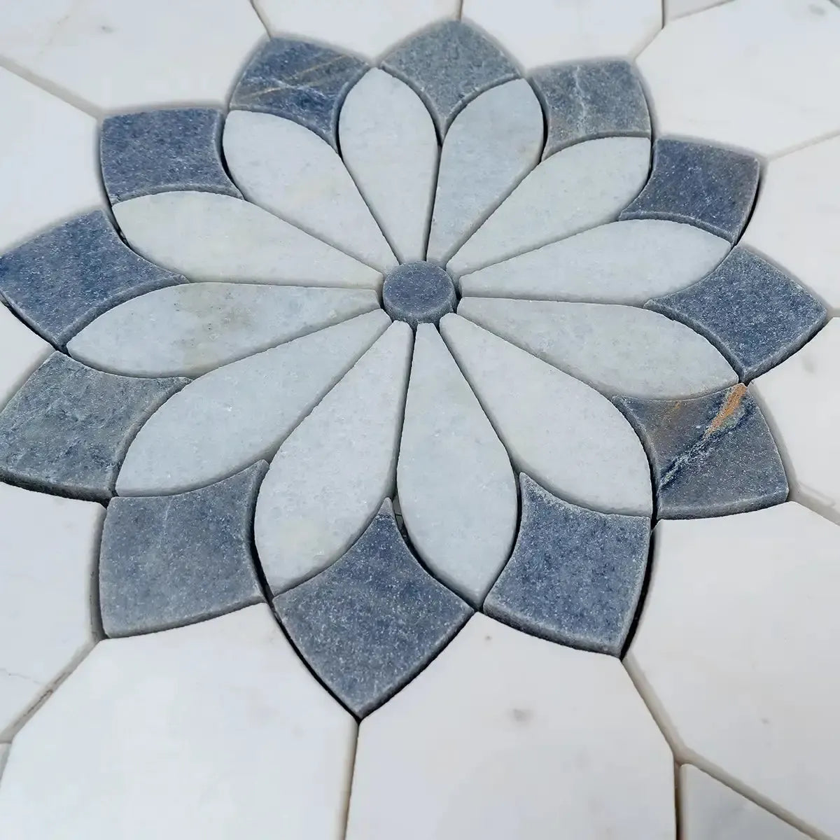 Santorini Blue & White Floral Marble Mosaic Tile | Tile Club