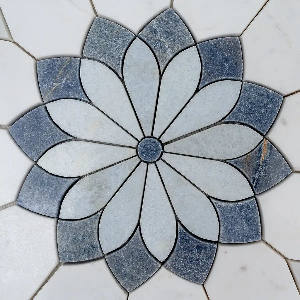 Santorini Blue & White Floral Marble Mosaic Tile | Tile Club