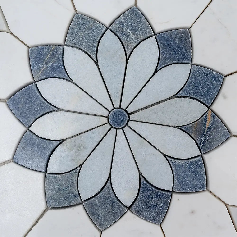 Santorini Blue & White Floral Marble Mosaic Tile