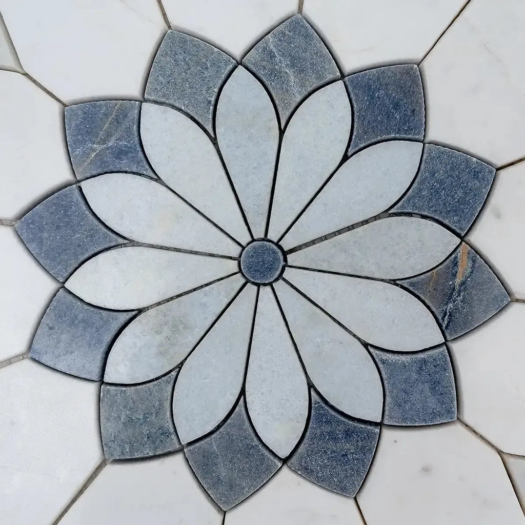 Santorini Blue & White Floral Marble Mosaic Tile | Tile Club