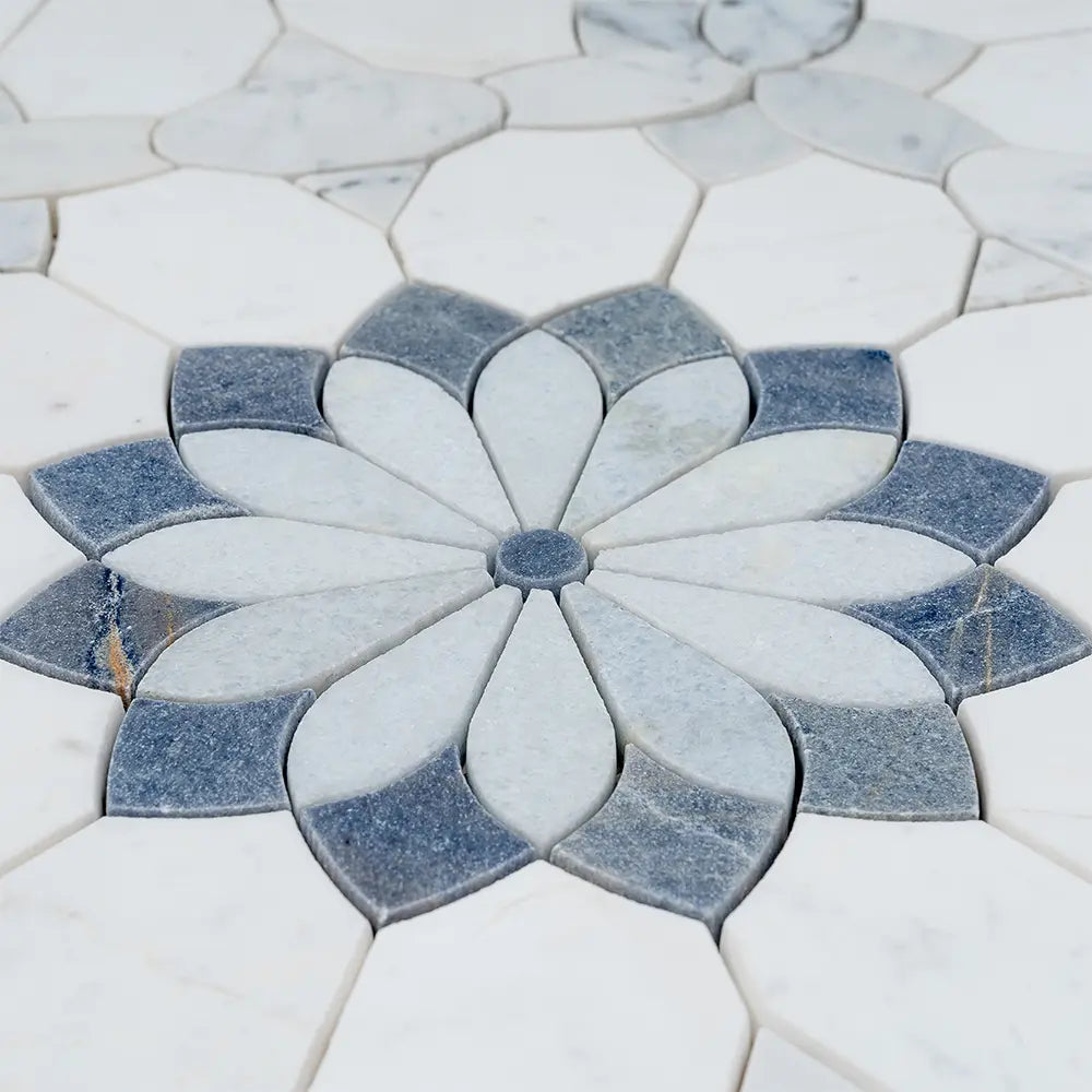 Santorini Blue & White Floral Marble Mosaic Tile