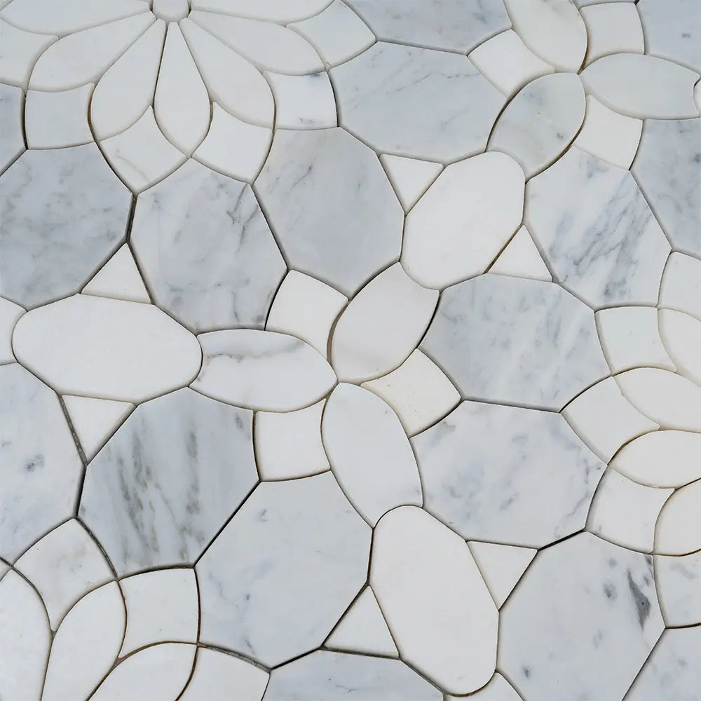 Santorini Gray & White Floral Marble Mosaic Tile