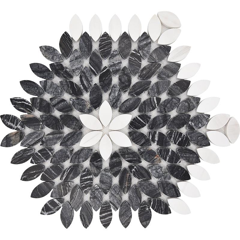 Santorini Black & White Petals Marble Mosaic Tile | Tile Club