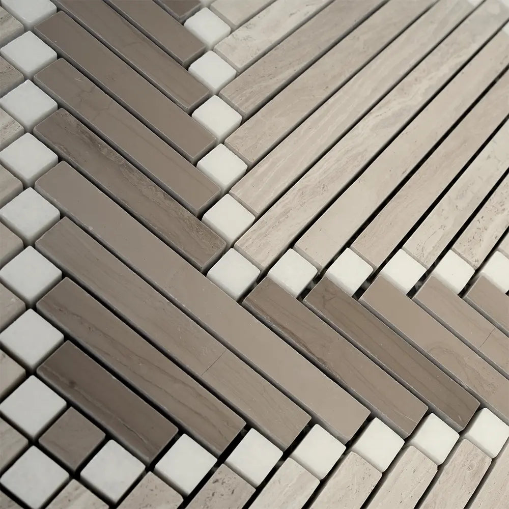 Santorini Geometric Wood Look Marble Mosaic Tile | Tile Club