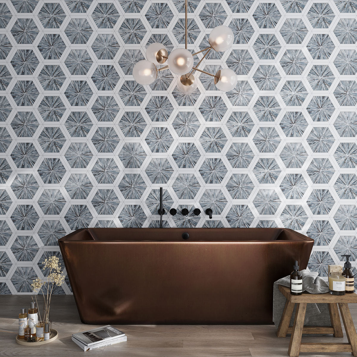 Santorini Blue Spoke Hexagon Marble Mosaic Tile | Tile Club