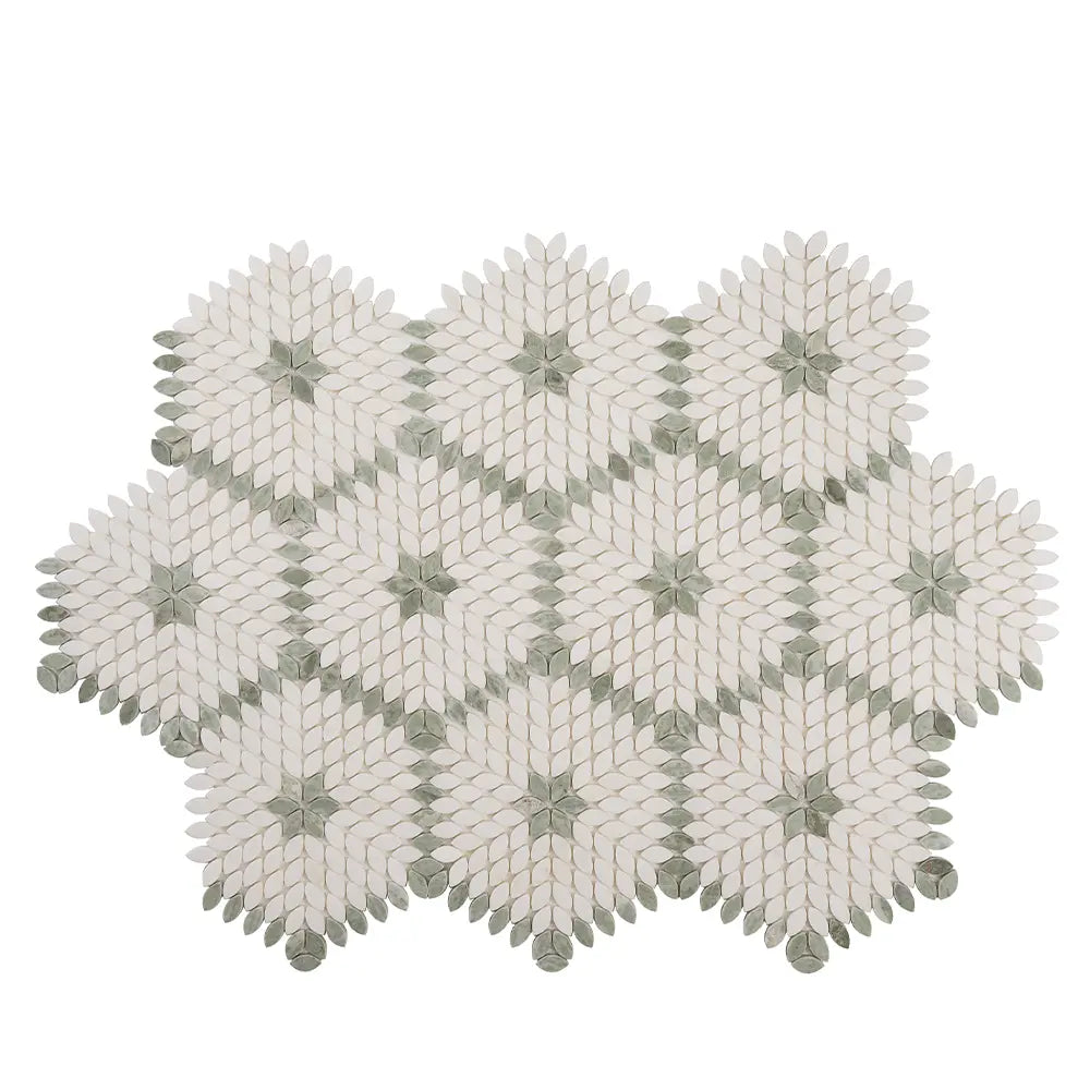 Santorini Green & White Petals Marble Mosaic Tile | Tile Club