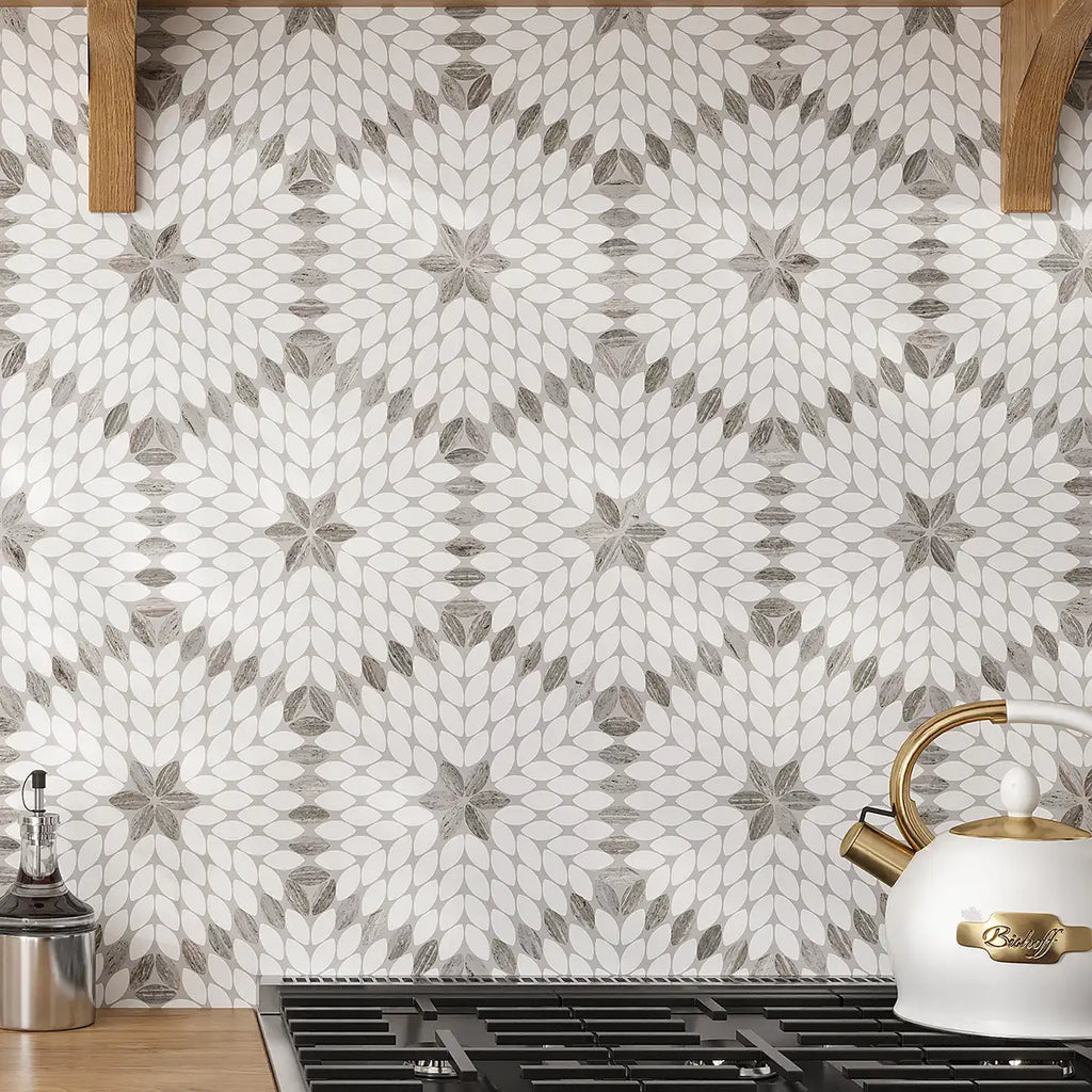 Sand Valley Beige & White Petals Marble Mosaic Tile | Tile Club