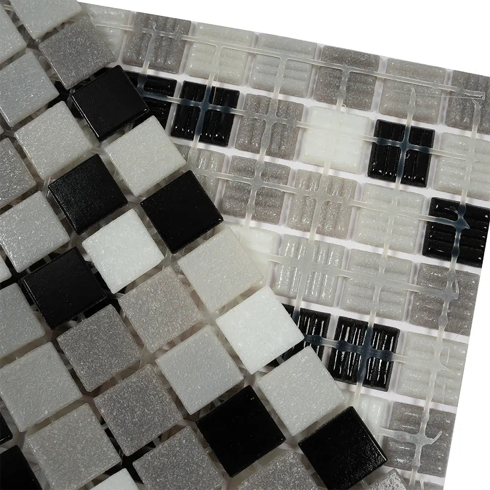 Checkered Black and White Mixed Squares Glass Tile