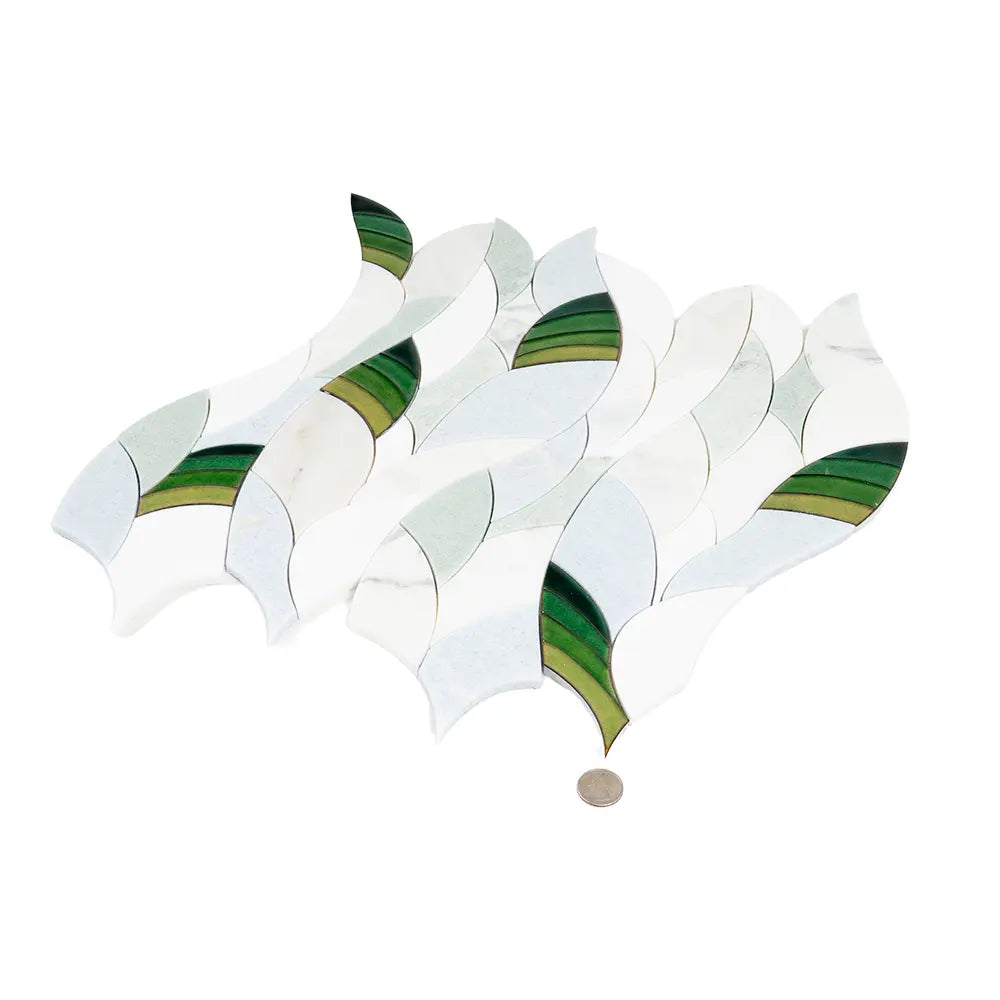 Botanical Waves Green Glass and Marble Mosaic Tile | Tile Club
