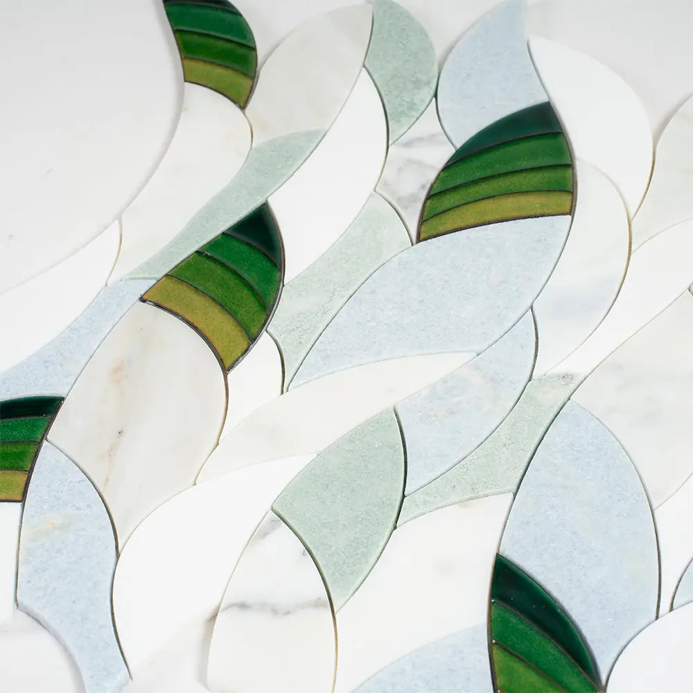 Botanical Waves Green Glass and Marble Mosaic Tile | Tile Club