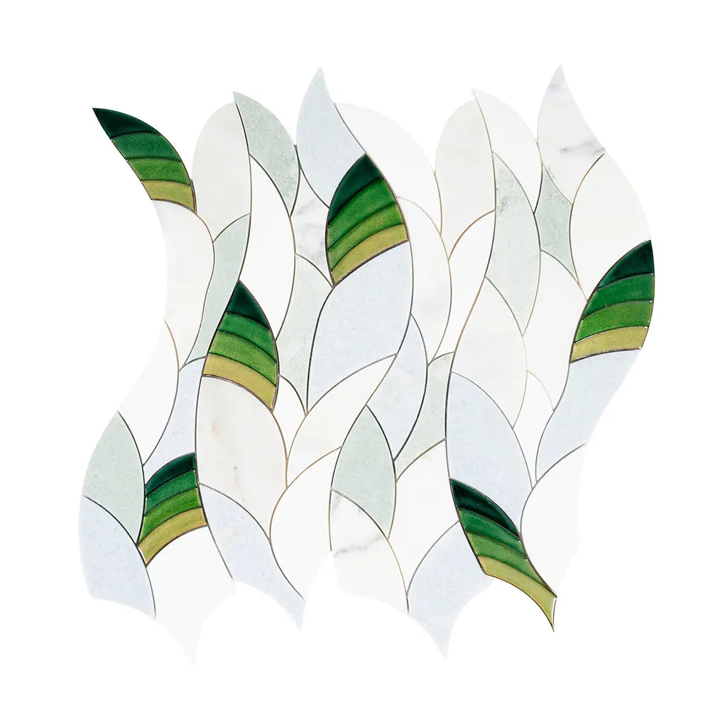 Botanical Waves Green Glass and Marble Mosaic Tile | Tile Club