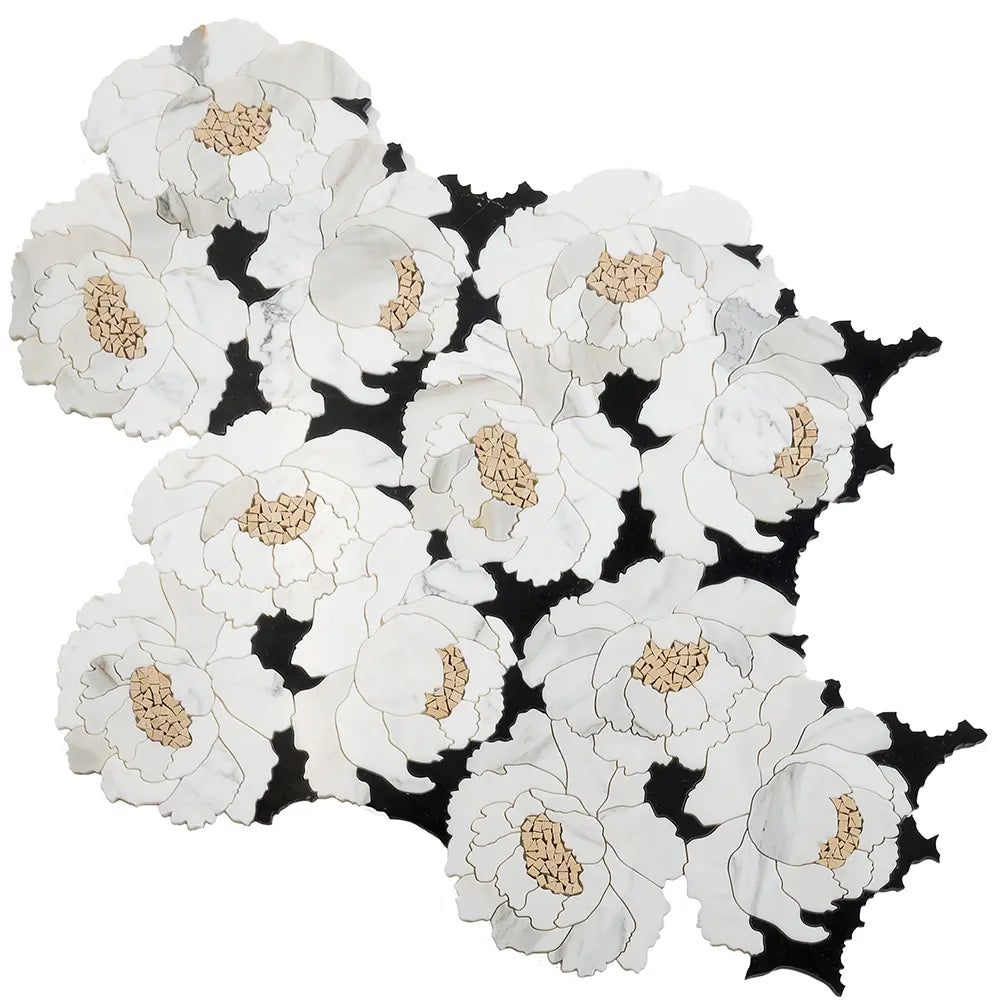 Peonia Flower Black and White Marble Waterjet Mosaic Tile | Tile Club