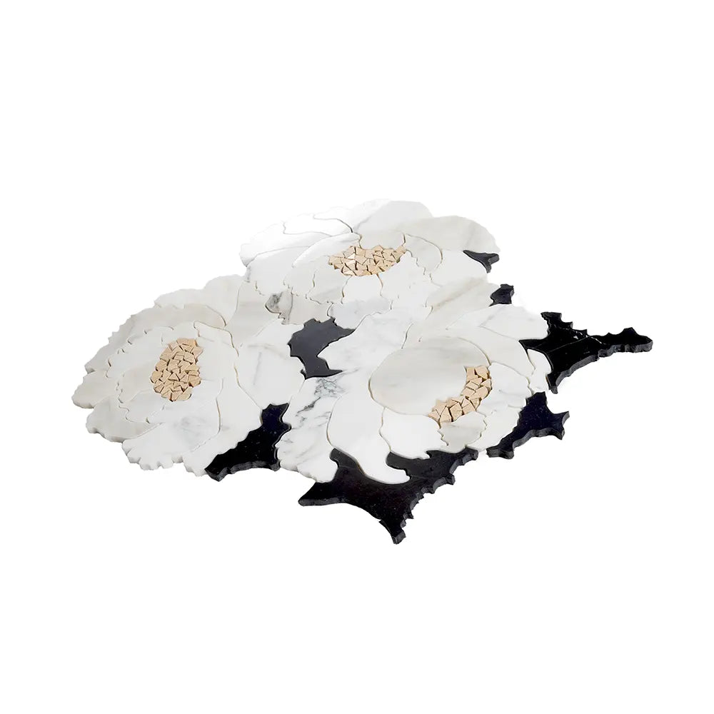 Peonia Flower Black and White Marble Waterjet Mosaic Tile | Tile Club