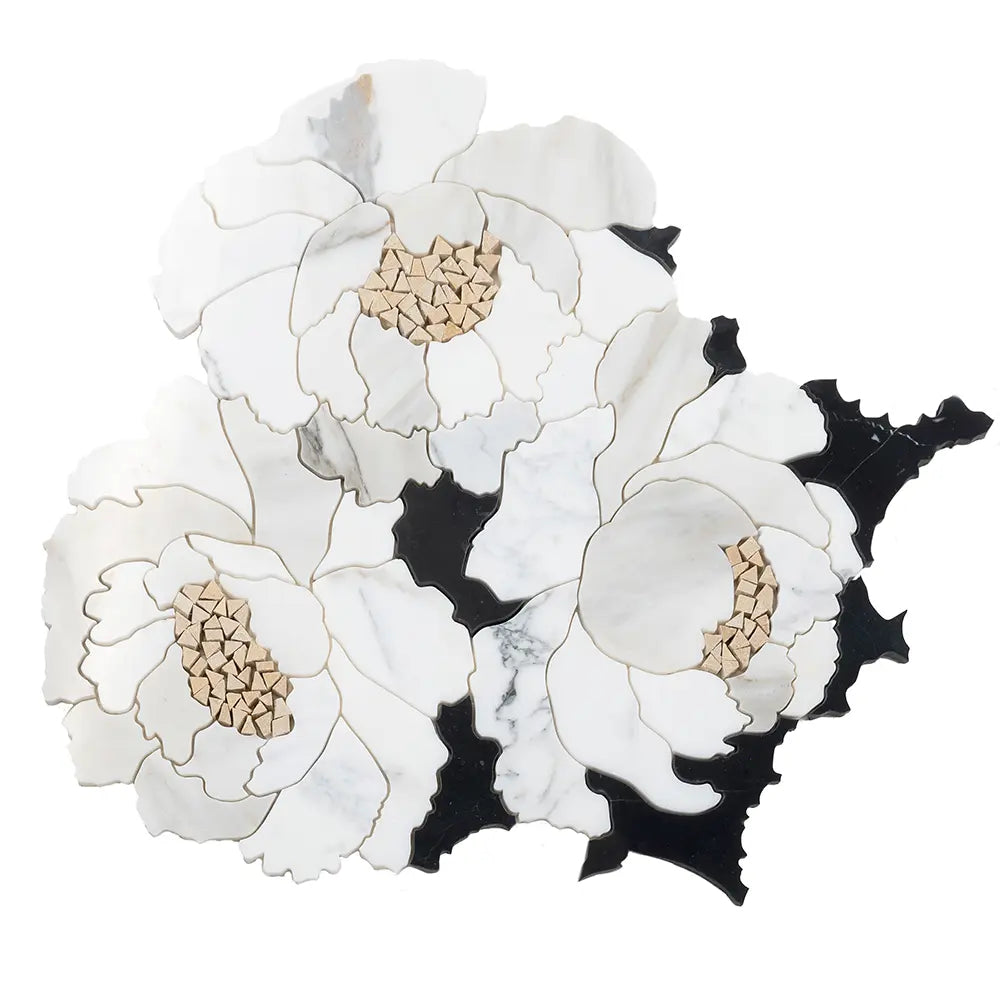 Peonia Flower Black and White Marble Waterjet Mosaic Tile | Tile Club
