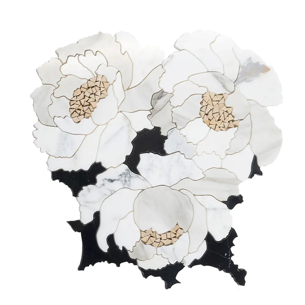 Peonia Flower Black and White Marble Waterjet Mosaic Tile | Tile Club