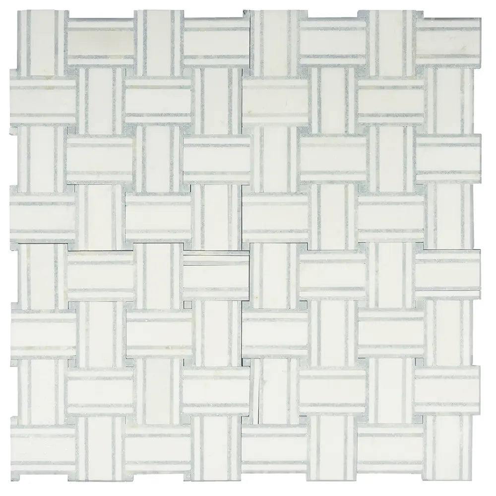 Thassos And Azul Cielo Tight Joint Basket Weave Marble Mosaic Tile | Tile Club