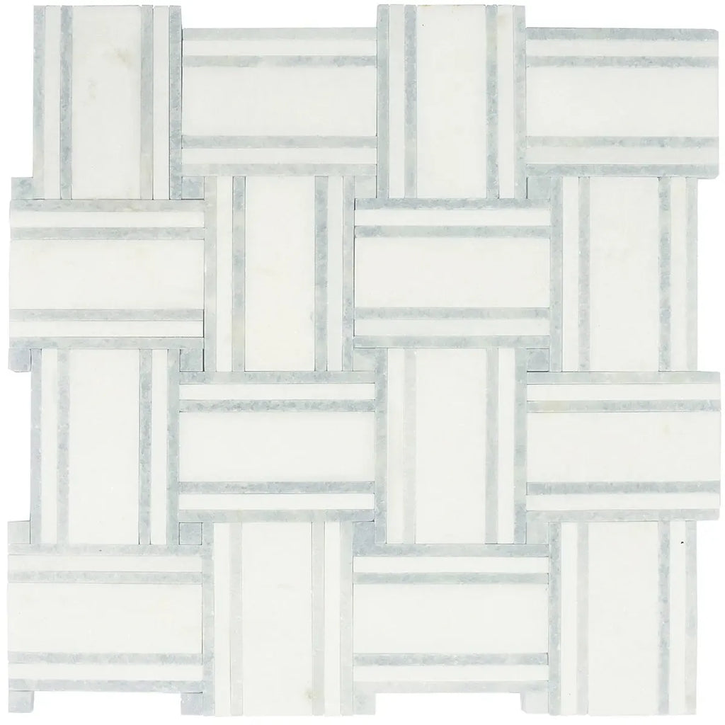 Thassos And Azul Cielo Large Basket Weave Marble Mosaic Tile Sample | Tile Club