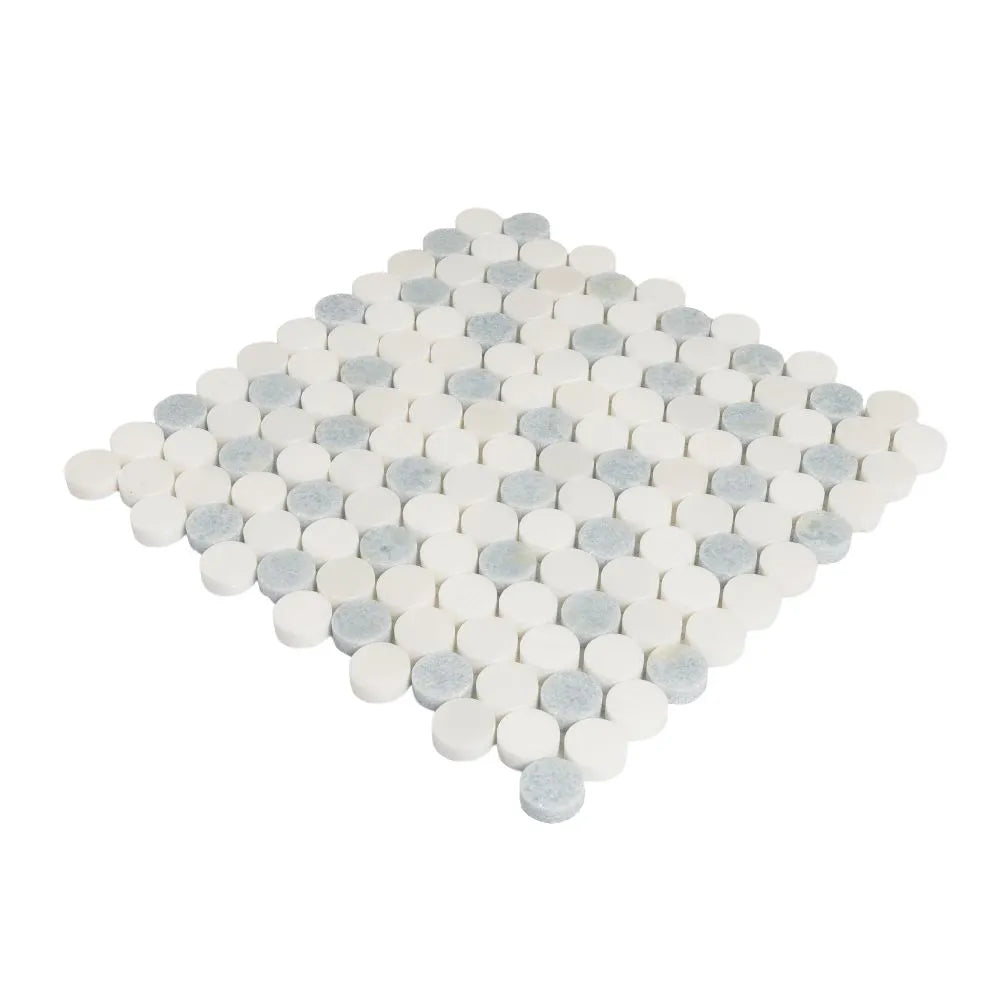 Azul Cielo Thassos And Paper White Penny Rounds Marble Mosaic Tile Polished | Tile Club