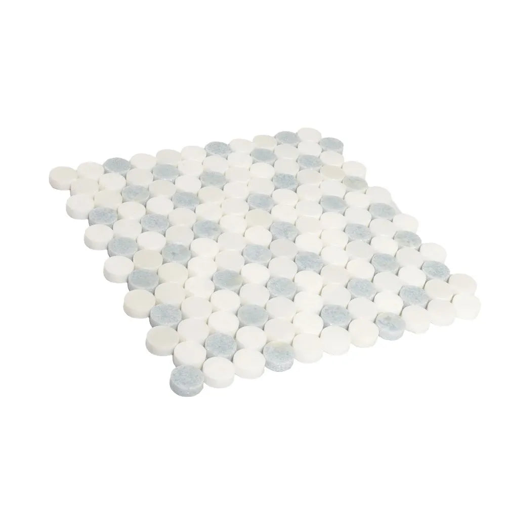 Azul Cielo Thassos And Paper White Penny Rounds Marble Mosaic Tile Polished | Tile Club