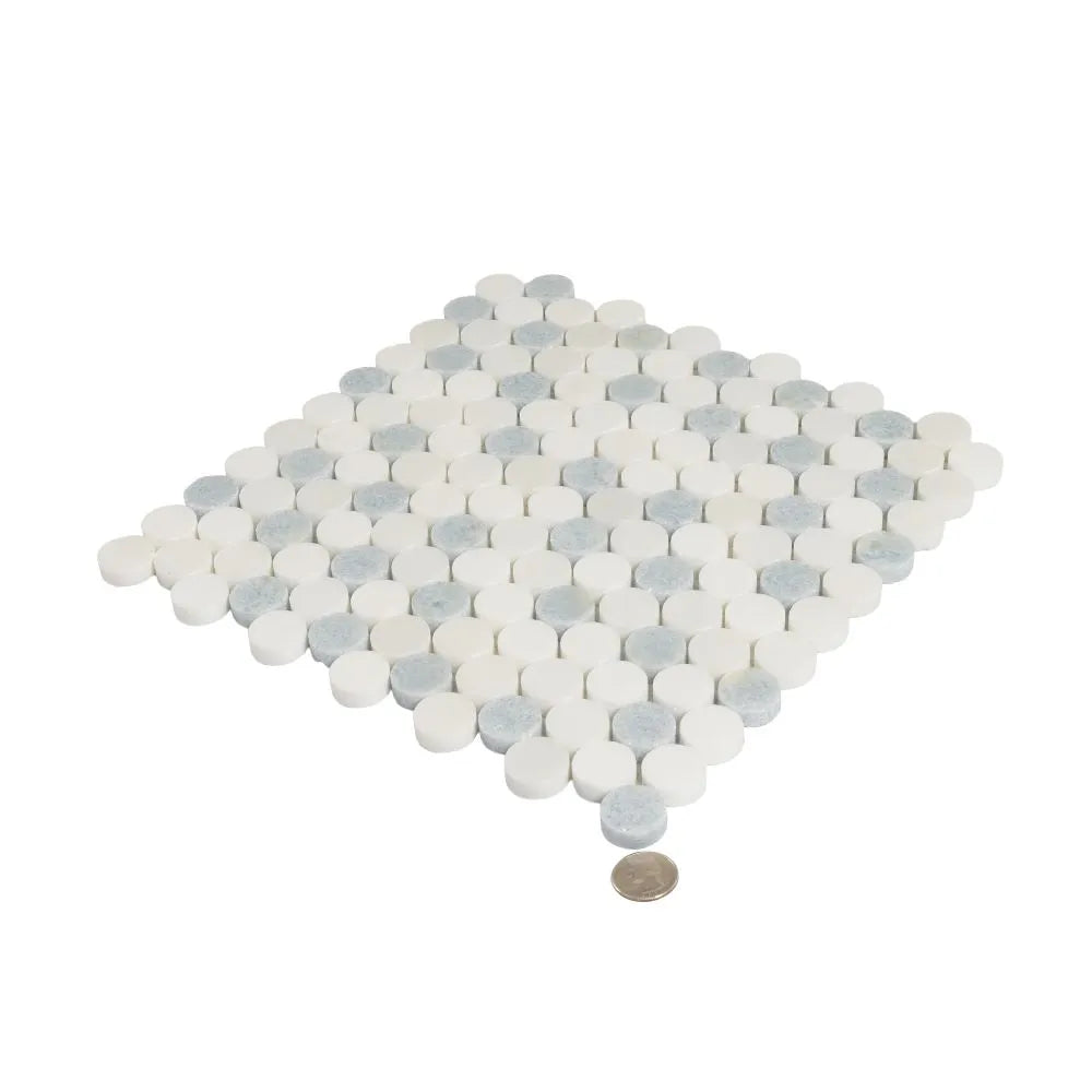 Azul Cielo Thassos And Paper White Penny Rounds Marble Mosaic Tile Polished | Tile Club