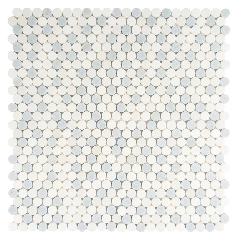 Azul Cielo Thassos And Paper White Penny Rounds Marble Mosaic Tile Polished | Tile Club