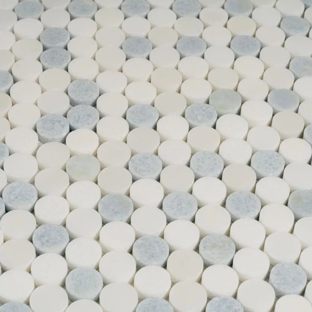 Azul Cielo Thassos And Paper White Penny Rounds Marble Mosaic Tile Polished | Tile Club