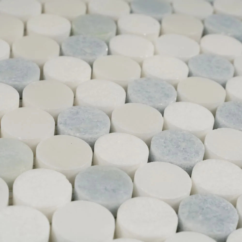 Azul Cielo Thassos And Paper White Penny Rounds Marble Mosaic Tile Polished | Tile Club
