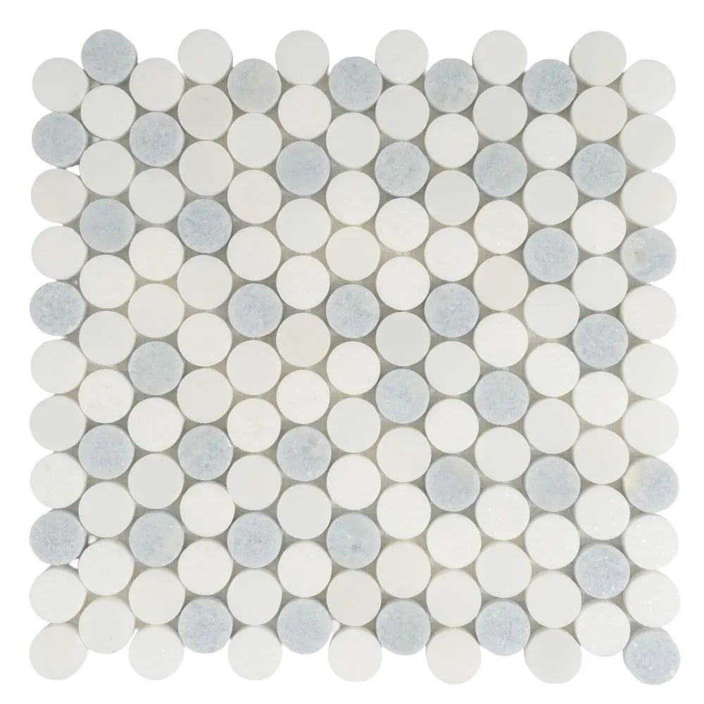 Azul Cielo Thassos And Paper White Penny Rounds Marble Mosaic Tile Polished | Tile Club