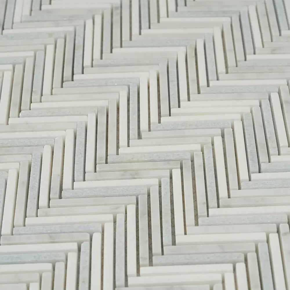 Azul Cielo Thassos And Carrara Mini Chevron Marble Mosaic Tile | Tile Club