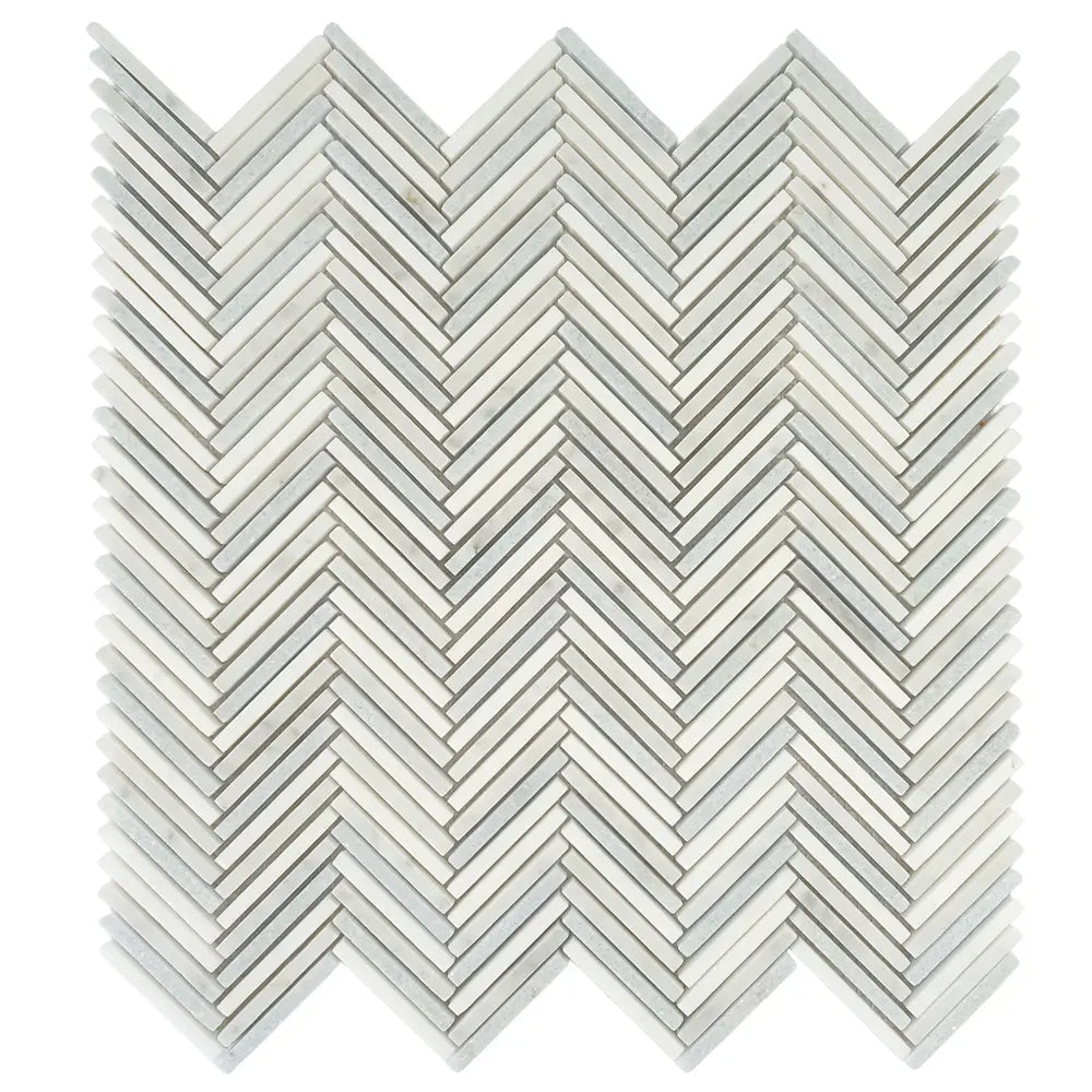 Azul Cielo Thassos And Carrara Mini Chevron Marble Mosaic Tile | Tile Club