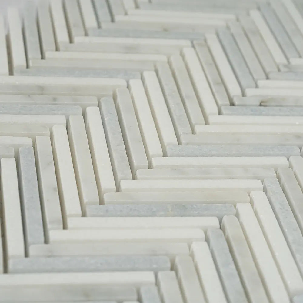 Azul Cielo Thassos And Carrara Mini Chevron Marble Mosaic Tile | Tile Club