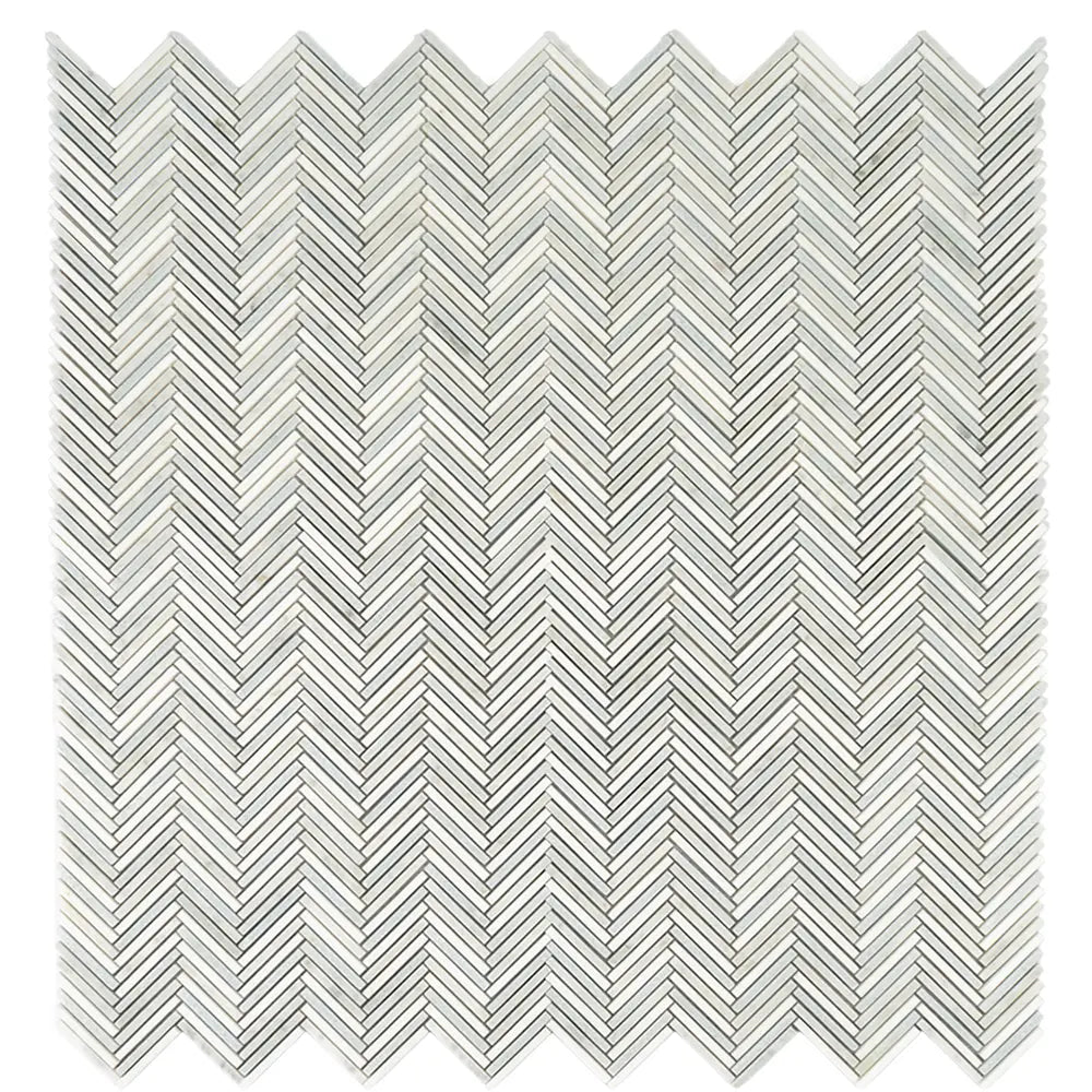 Azul Cielo Thassos And Carrara Mini Chevron Marble Mosaic Tile | Tile Club