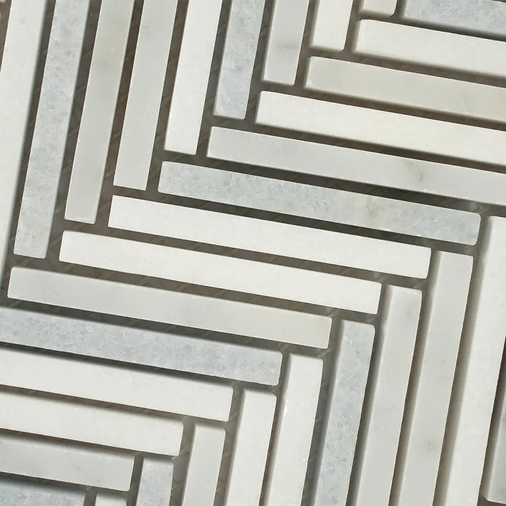 Azul Cielo Thassos And Carrara Mini Chevron Marble Mosaic Tile | Tile Club