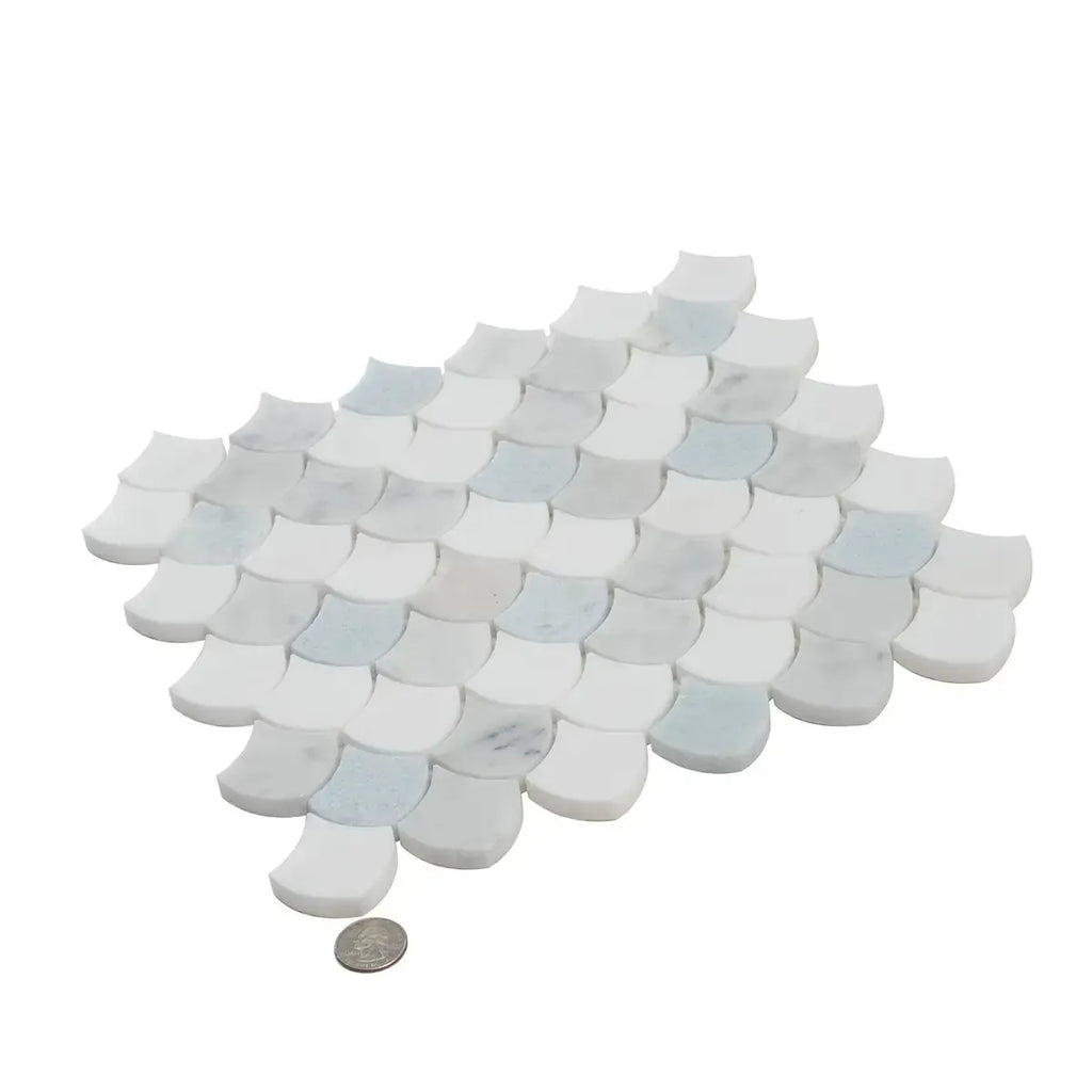 Azul Cielo Thassos And Carrara Mini Scale Marble Mosaic Tile | Tile Club