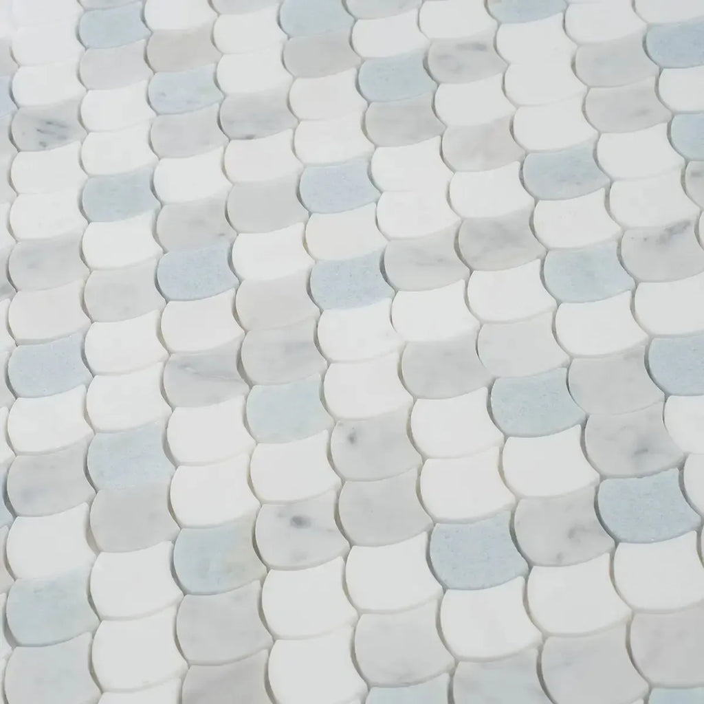 Azul Cielo Thassos And Carrara Mini Scale Marble Mosaic Tile | Tile Club