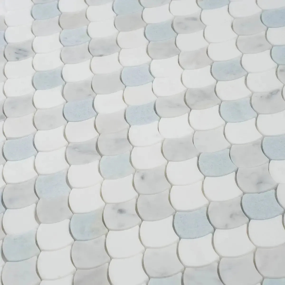 Azul Cielo Thassos And Carrara Mini Scale Marble Mosaic Tile | Tile Club