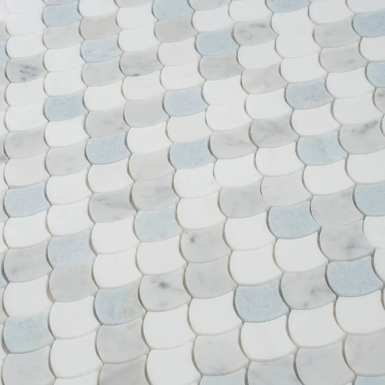 Azul Cielo Thassos And Carrara Mini Scale Marble Mosaic Tile | Tile Club