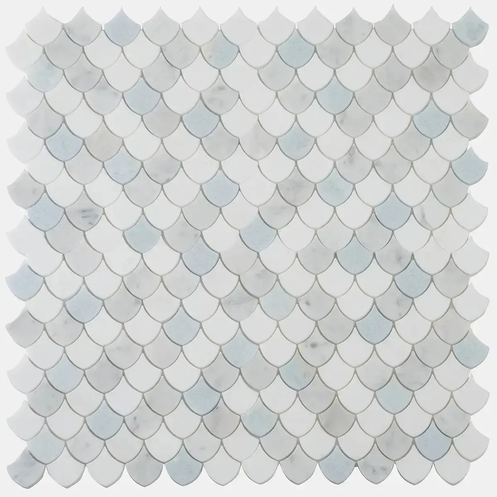 Azul Cielo Thassos And Carrara Mini Scale Marble Mosaic Tile | Tile Club
