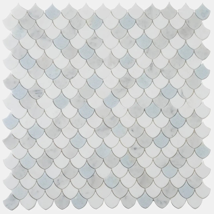Azul Cielo Thassos And Carrara Mini Scale Marble Mosaic Tile | Tile Club