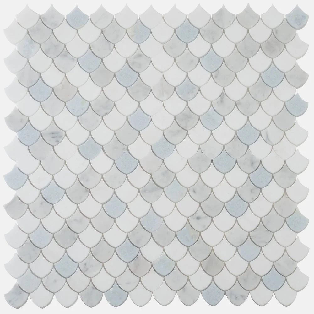 Azul Cielo Thassos And Carrara Mini Scale Marble Mosaic Tile | Tile Club