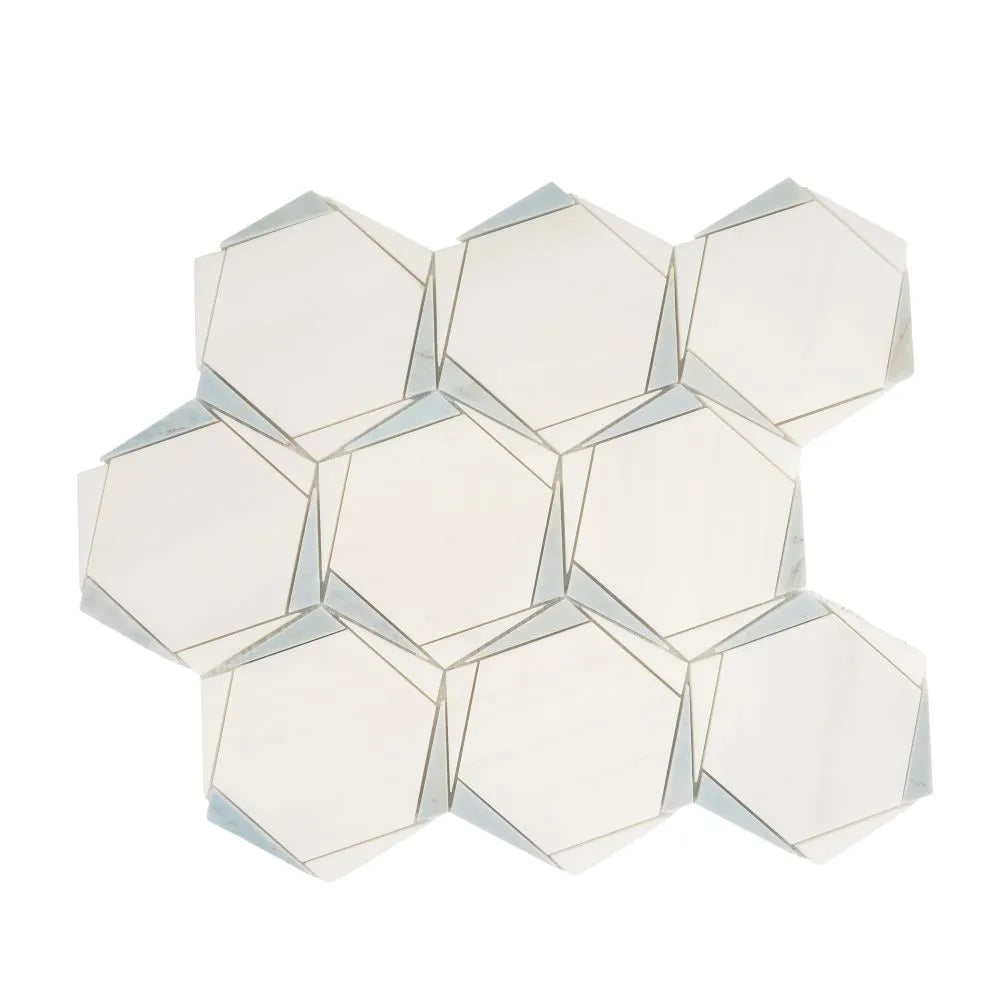 Triangular Hexagon in Bianco Dolomiti Leyte Blue and Thassos Marble Mosaic Tile | Tile Club